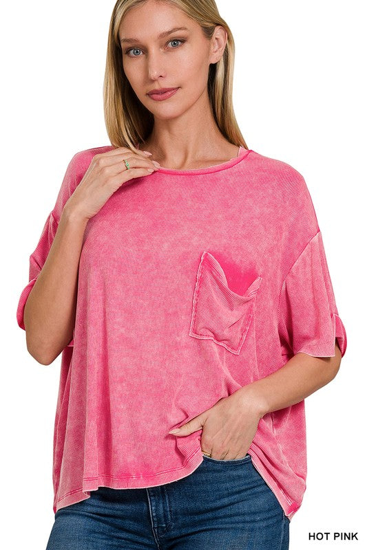 Hot Pink Ribbed Cropped Zenana T-Shirt