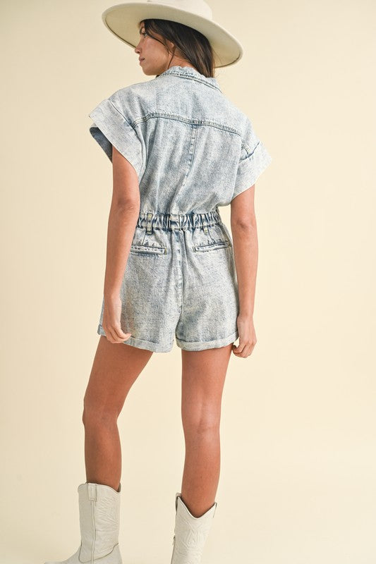 Elastic Waistband Front Pockets Denim Romper