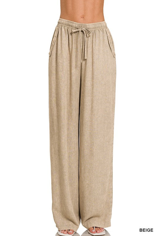 Beige Acid Washed Linen Elastic Waist Pants