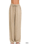 Beige Acid Washed Linen Elastic Waist Pants