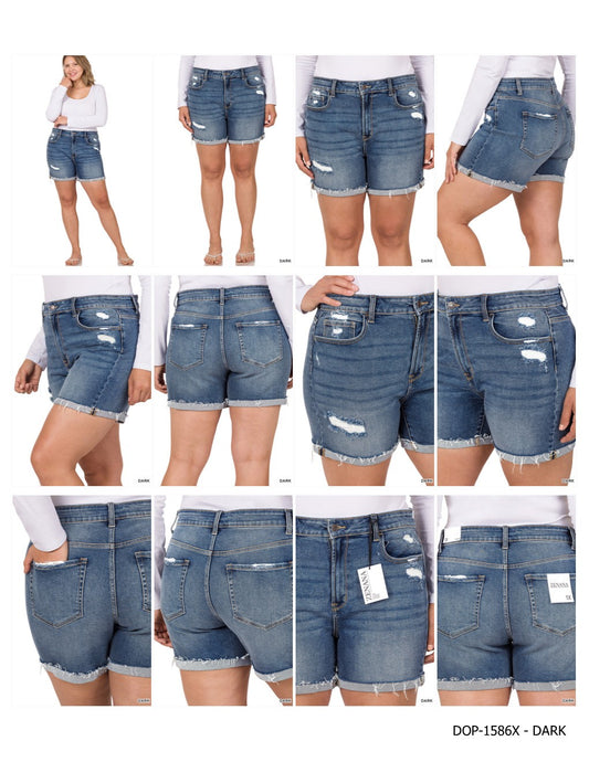 PLUS DISTRESSED CUFFED RAW HEM DENIM SHORTS