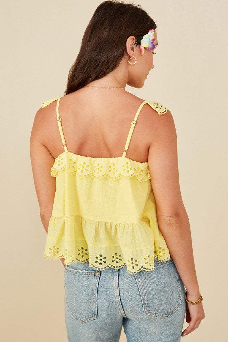 Yellow Eyelet Scalloped Ruffle Tank