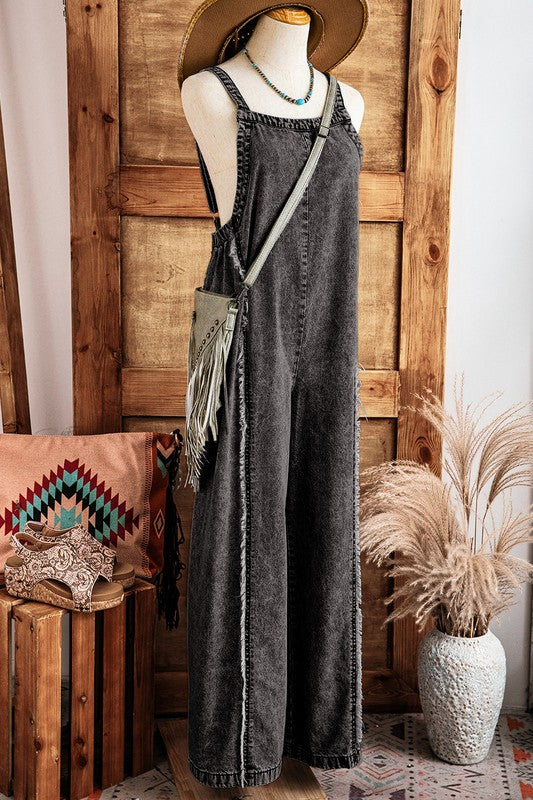 Frayed Exposed Seam Wide Leg Overall