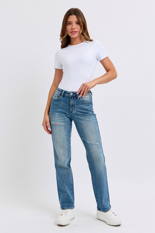 Mid Rise Judy Blue Contrast Wash Destroy Dad Jean