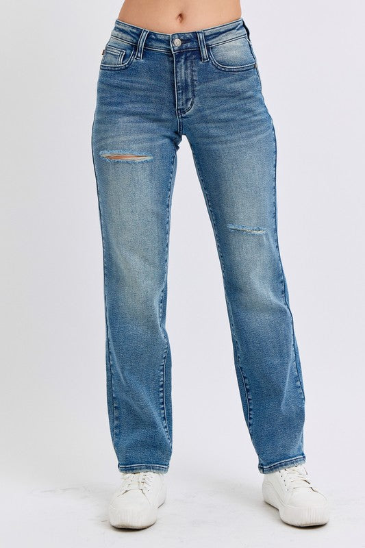 Mid Rise Judy Blue Contrast Wash Destroy Dad Jean