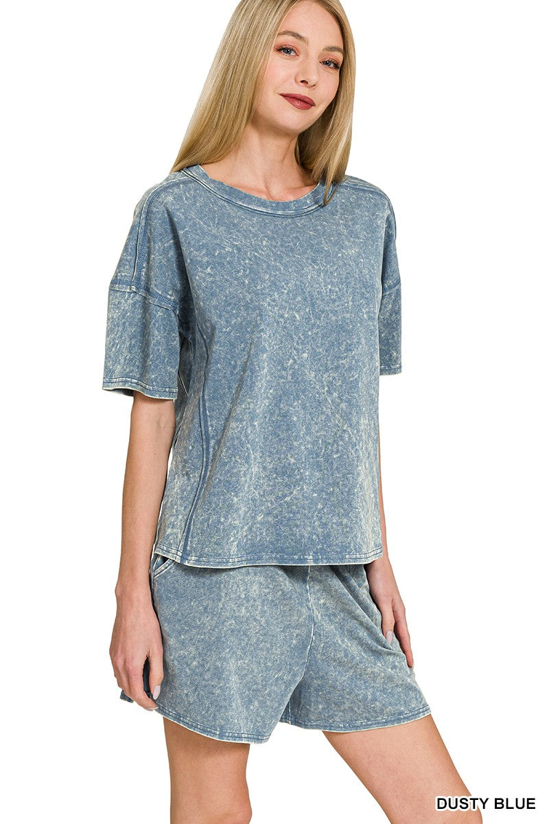Dusty Blue Acid Wash Short Sleeve Shorts Set