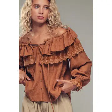 Lace Trim Ruffle Boat Neck Top