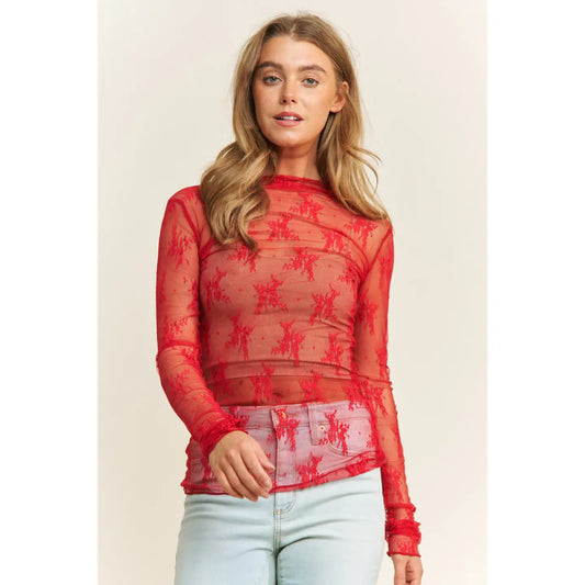 Red Sheer Lace Long Sleeve