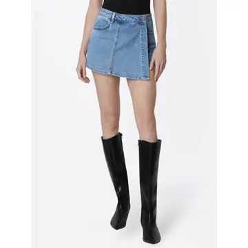 High Rise Medium Wash Denim Wrap Skort