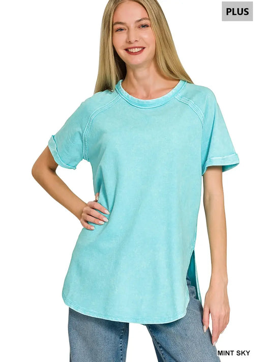Mint Plus Size French Terry Acid Wash Raw Edge Raglan