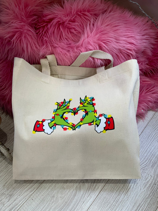 Grinch Heart Hands Canvas Tote