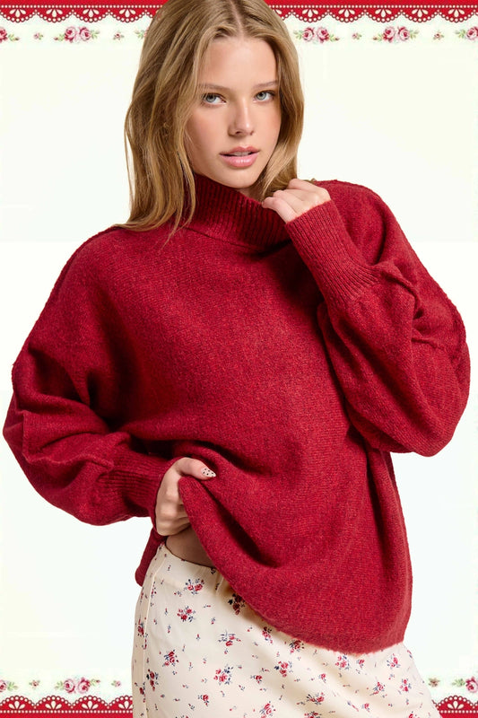 Loose Fit Balloon Sleeve Mock Neck Sweater