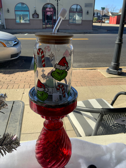 Grinch Glass Cup w/ Lid