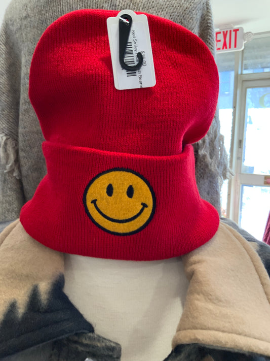 Red Smiley Face Patch Beanie