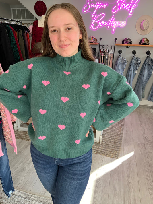 Green Heart Print Mock Neck