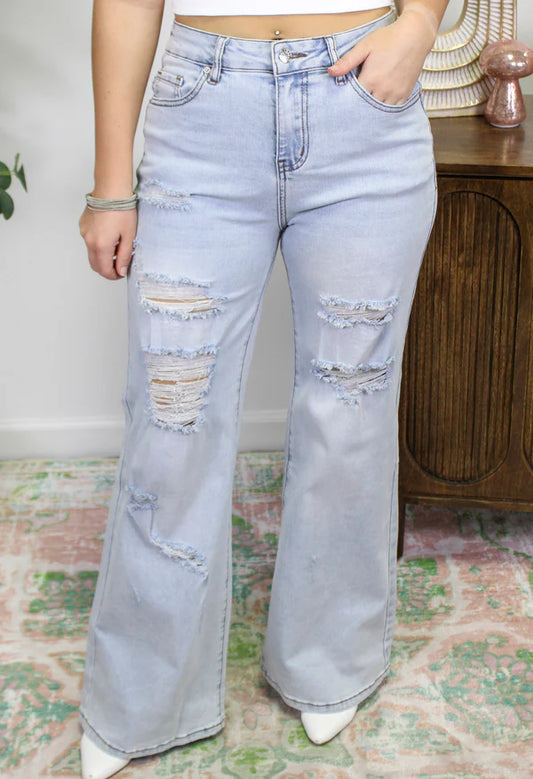 Light Blue Distressed Denim Pants Flare