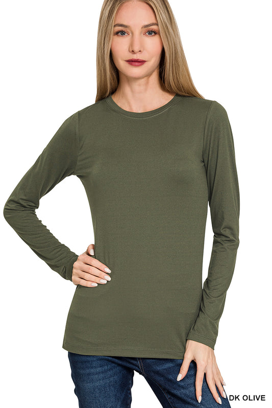 Olive Brushed Round Neck Long Sleeve
