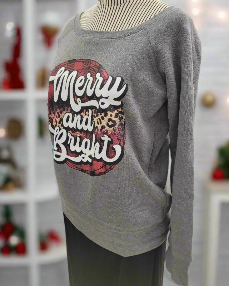 Merry and Bright Leopard and Plaid Ladies Wide Neck Sponge Fleece Sweatshirt