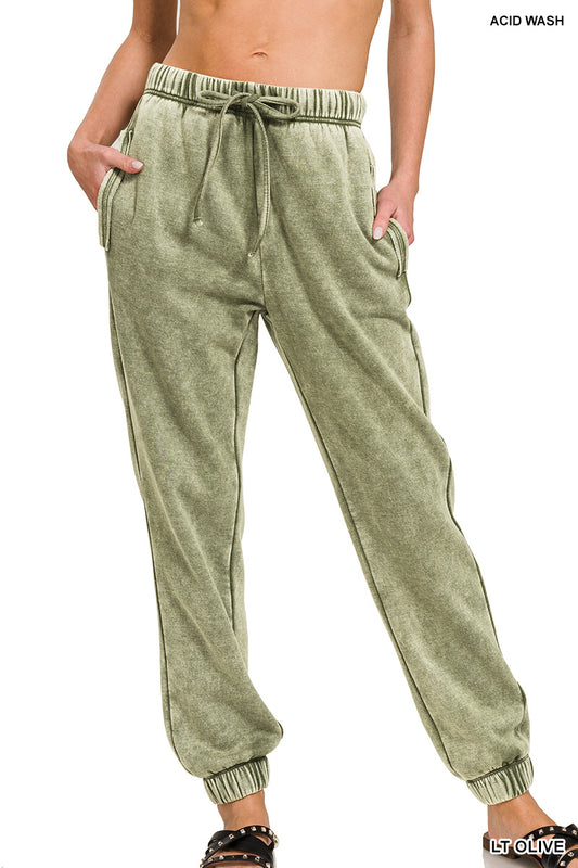 Olive Acid Wash Fleece Sweatpants
