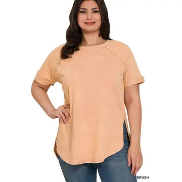 Brush Plus Size French Terry Acid Wash Raw Edge Raglan