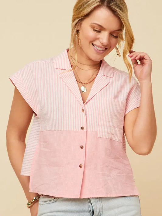 Womens Contrast Striped Sleeveless Collared Shirt