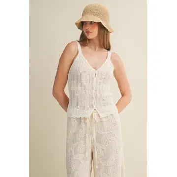 Pointelle Knit Scalloped Button Tank