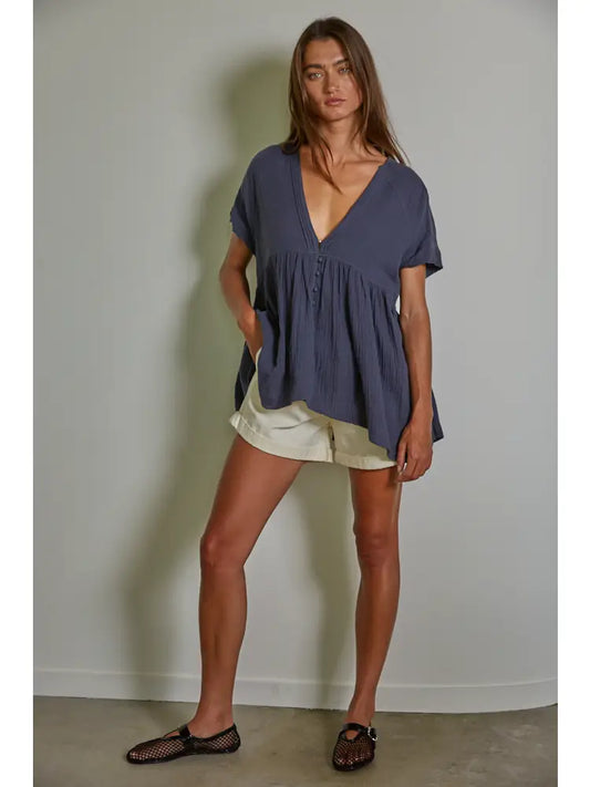 Gauze Cotton V Neck Button Down