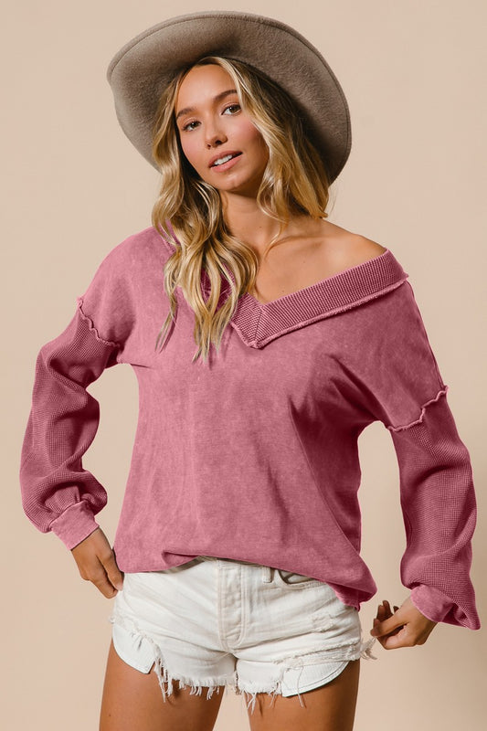 WAFFLE THERMAL SLEEVE WASHED V-NECK TOP