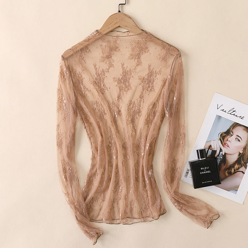 Mocha Sheer Lace Long Sleeve Top