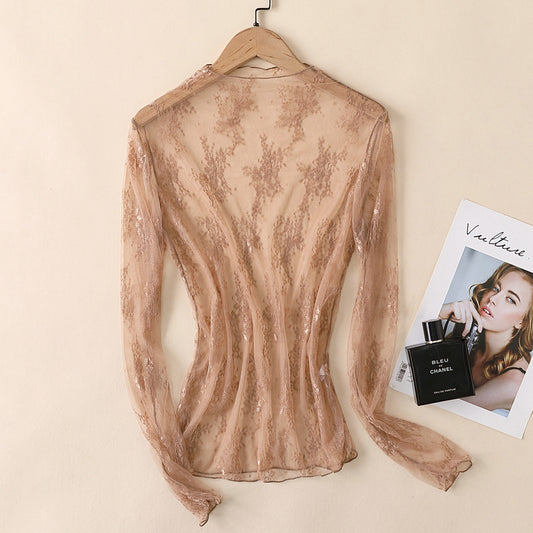 Mocha Sheer Lace Long Sleeve Top