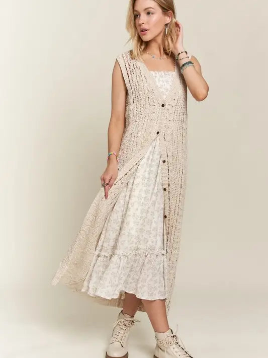 Button Down Crochet Long Cardigan