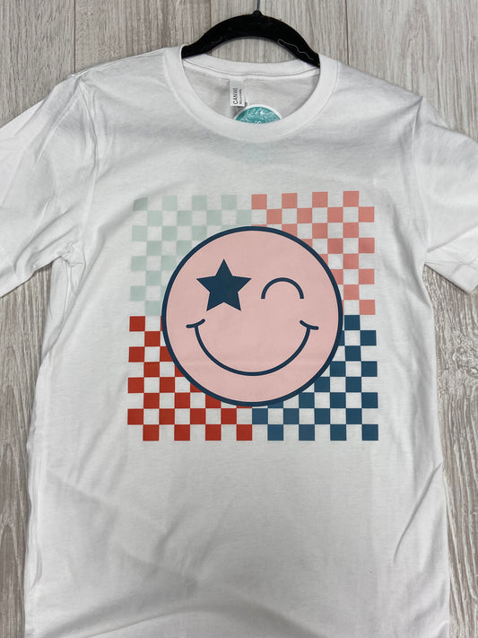 Plus White Multicolor Checkered Wink Face Tee