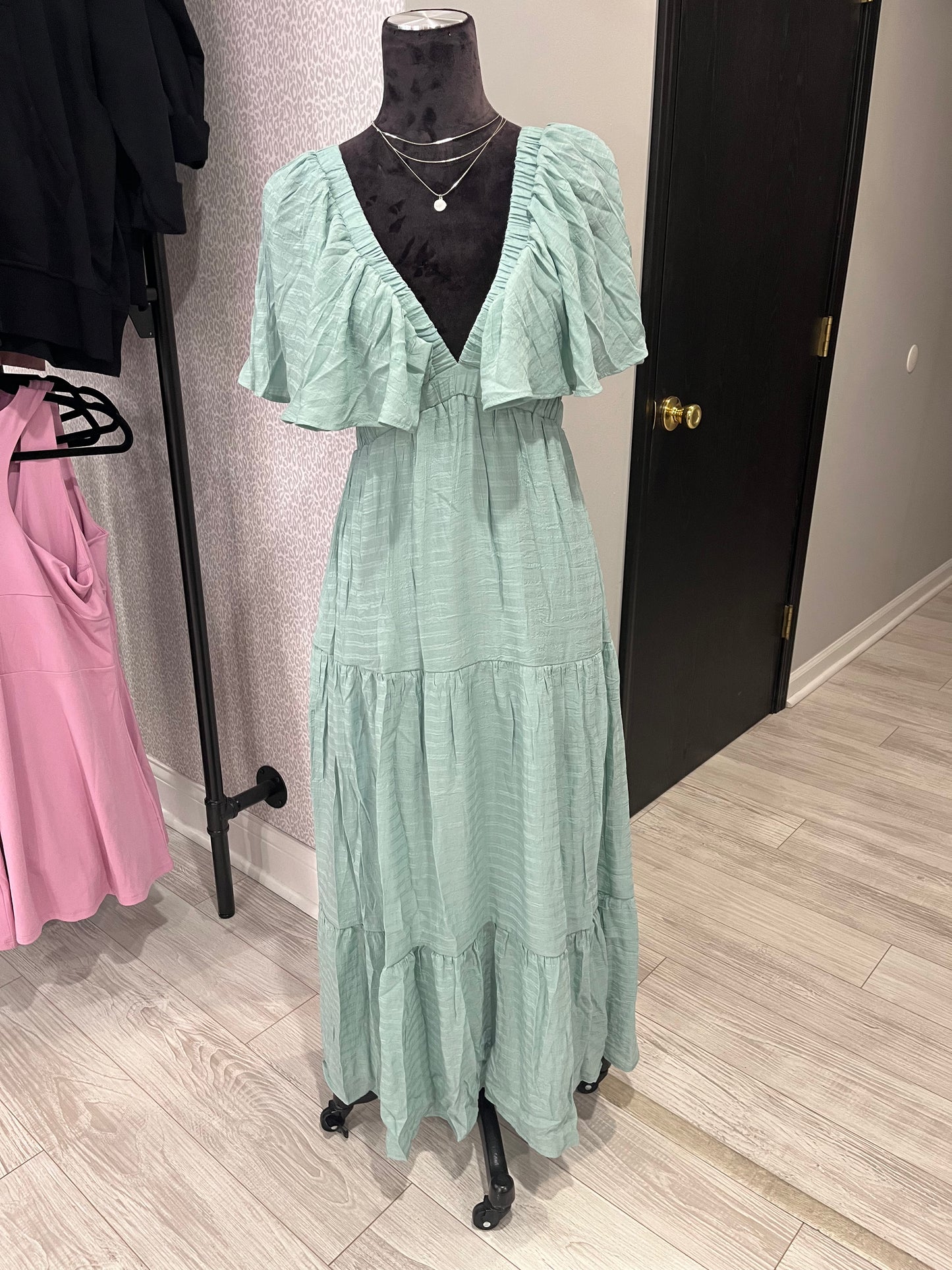 Sage Flutter Sleeve Deep V Neck Maxi Dress