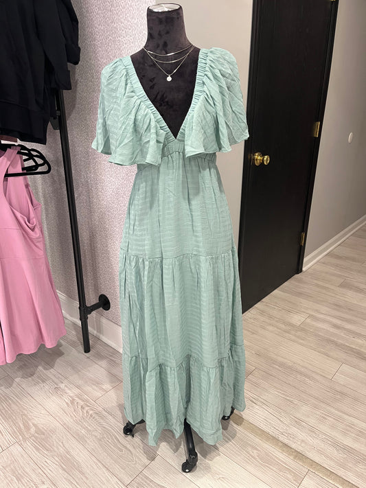 Sage Flutter Sleeve Deep V Neck Maxi Dress