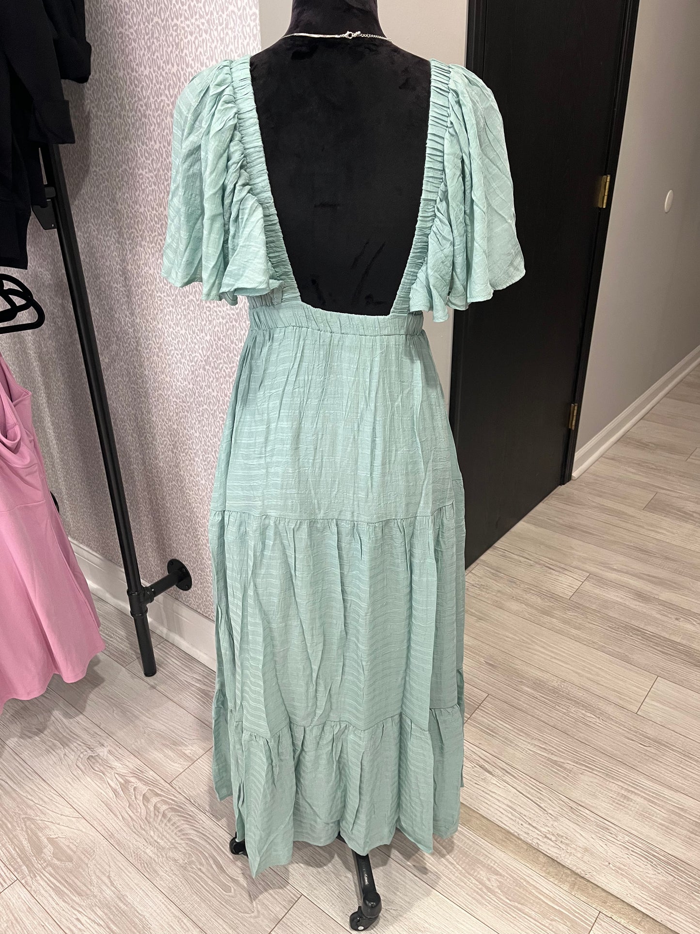 Sage Flutter Sleeve Deep V Neck Maxi Dress