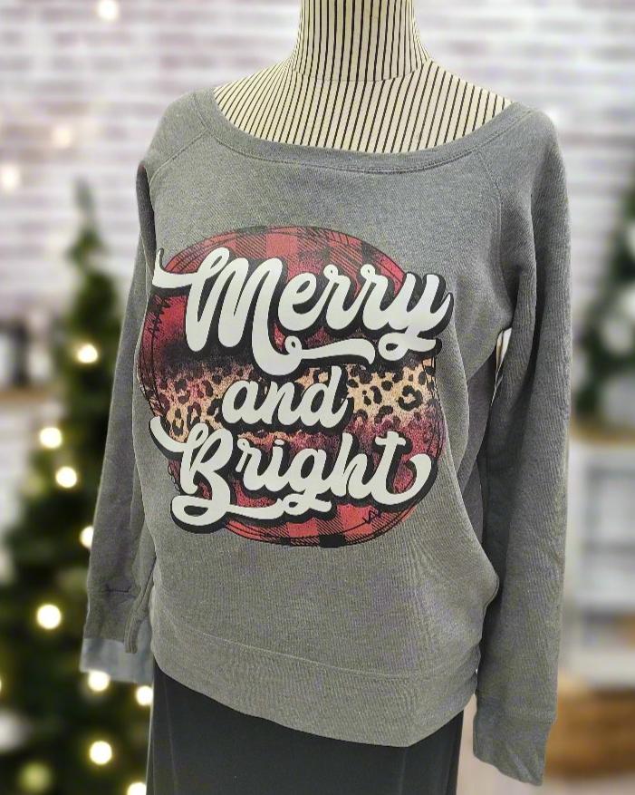 Merry and Bright Leopard and Plaid Ladies Wide Neck Sponge Fleece Sweatshirt