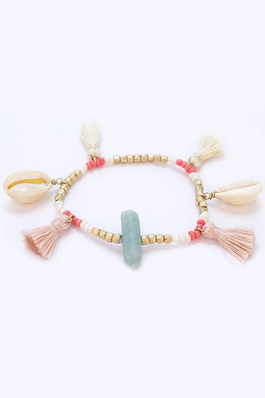 Peach Cream Sea Shell Tassle Bracelet