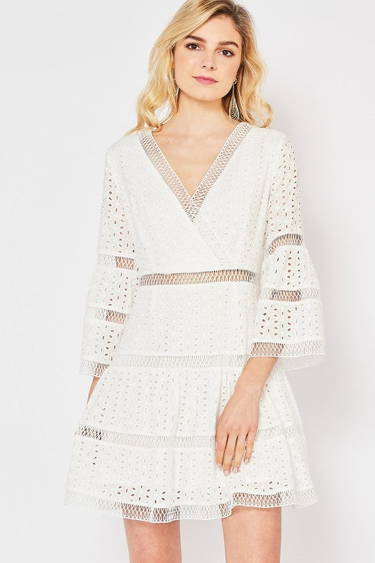 White Eyelet Lace Surplice Dress