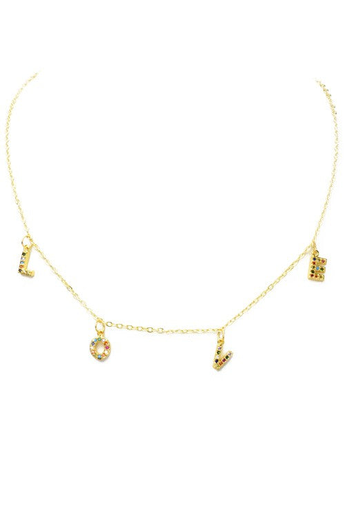 Gold Multi Color Cubic Zirconia Love Charm Necklace