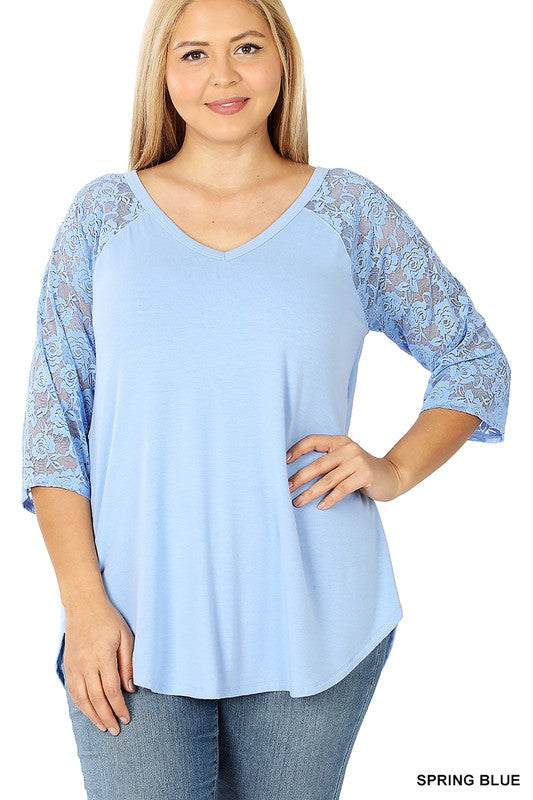 Spring Blue Plus Lace Detail V- Neck