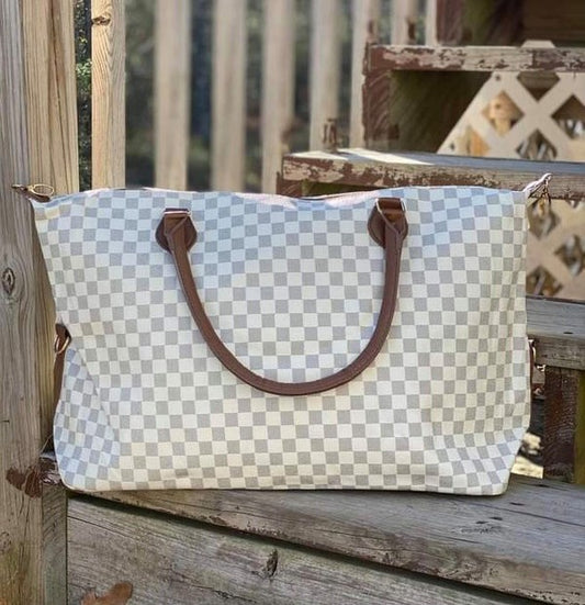 White Checkered Weekender Bag 21x16x10