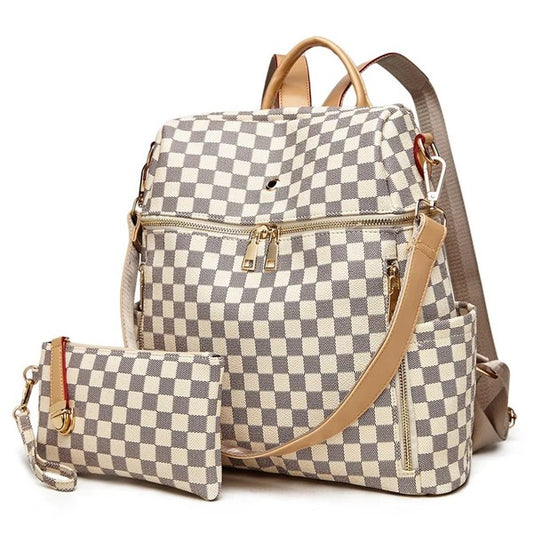 White Checkered Backpack With Wristlet