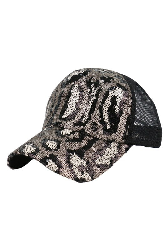 Silver Leopard Sequin Ball Cap