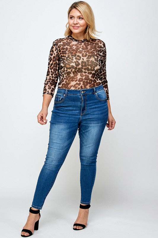 Plus Leopard Print Mesh Open Back Bodysuit