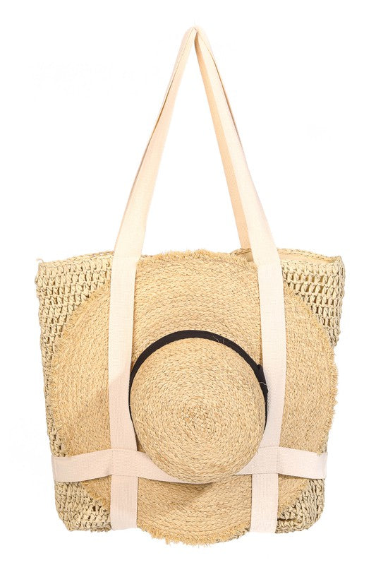 Beige Straw Braided Hat Holder Tote Bag