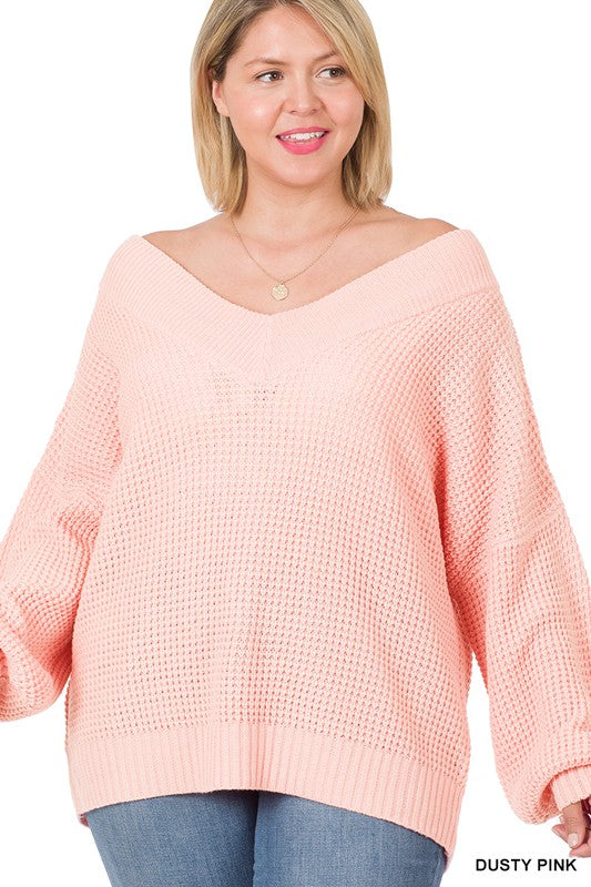 Plus Dusty Pink Balloon Sleeve Double V Waffle Sweater