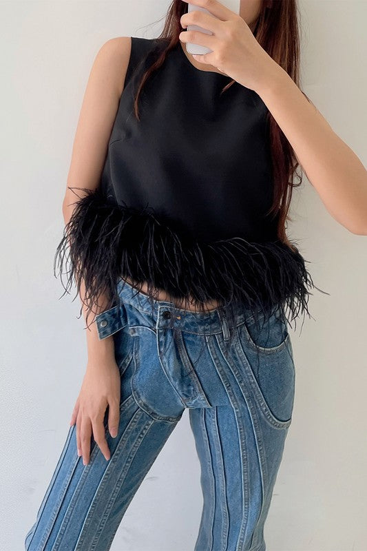 Black Sleeveless Feather Trim Tank