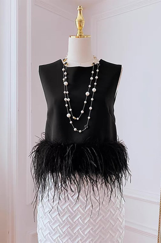 Black Sleeveless Feather Trim Tank