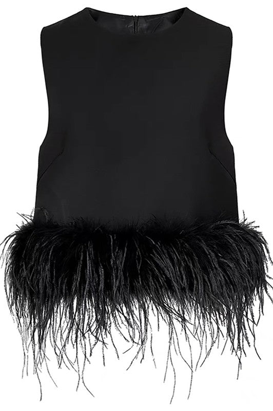 Black Sleeveless Feather Trim Tank