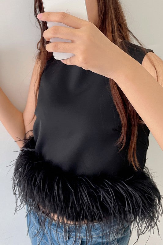 Black Sleeveless Feather Trim Tank